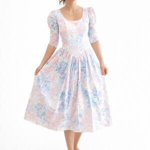 Dance Allure Vintage 80s/90s Floral Puff Sleeve Midi Dress Blue Pink size XS 0